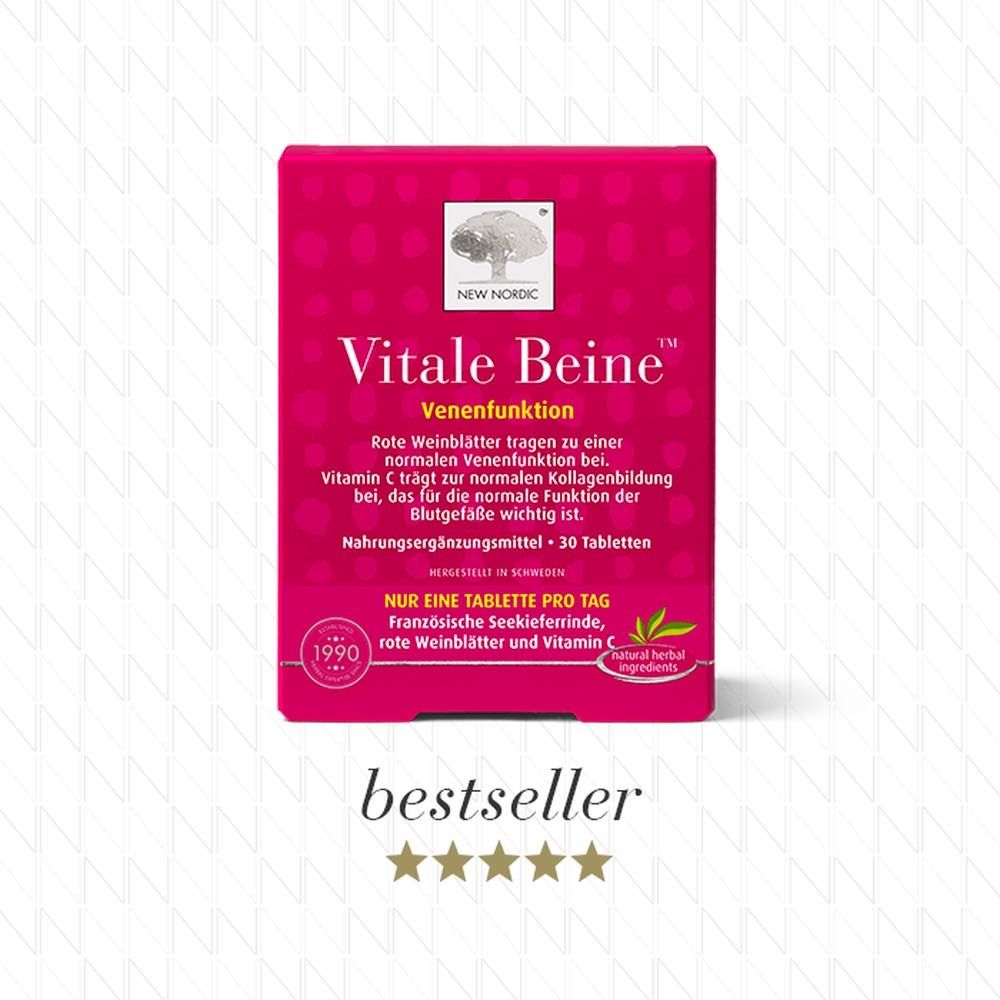 Boîte rouge Vitale Beine™ Venenfunktion. Label « Bestseller ». Logo et texte.