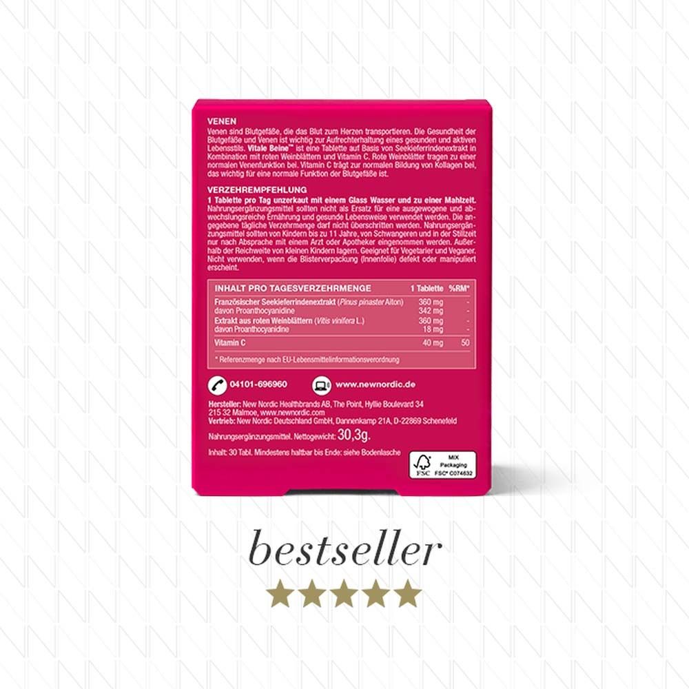 Rückseite der Vitale Beine™ Packung. Enthält Informationen und Inhaltsstoffe.