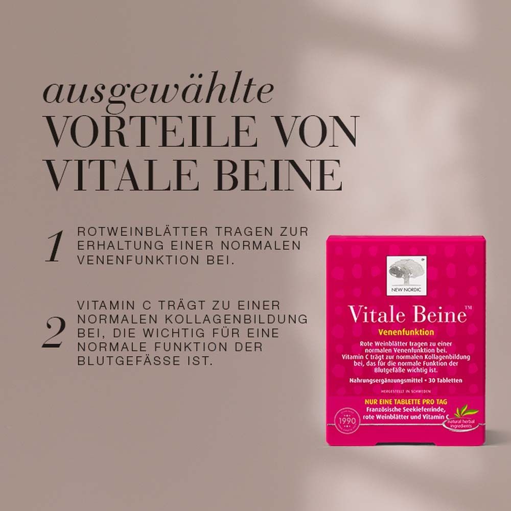 Boîte Vitale Beine™ avec texte. Avantages : fonction veineuse, vitamine C. Rouge.