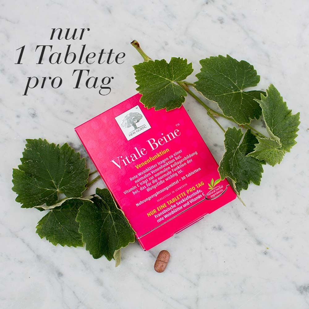 Boîte Vitale Beine™ avec feuilles et comprimé. Emballage rouge, 1 comprimé par jour.
