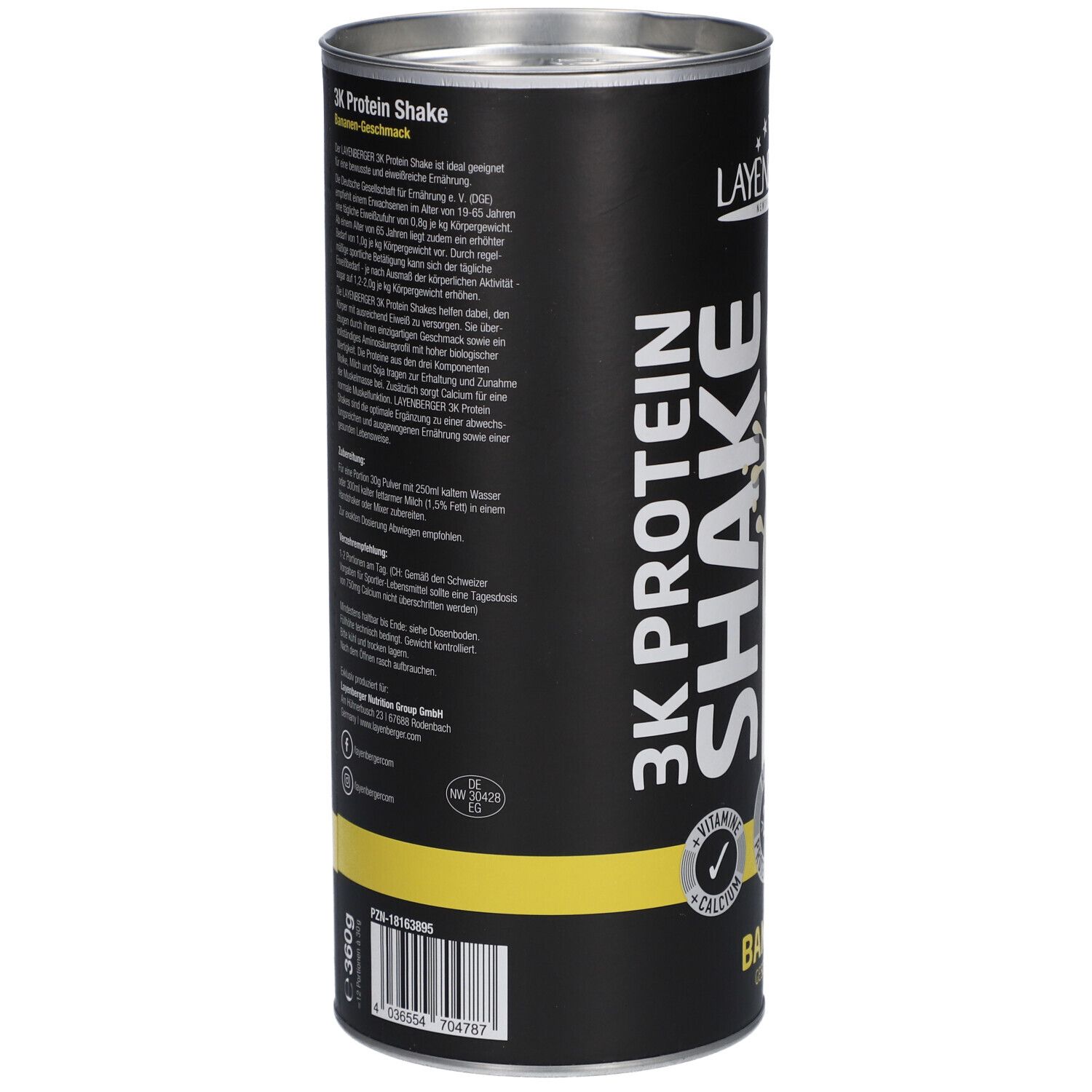 Boîte cylindrique avec texte. Inscriptions : 3K Protein Shake, Banane, informations nutritionnelles, ingrédients, informations fabricant, code-barres.