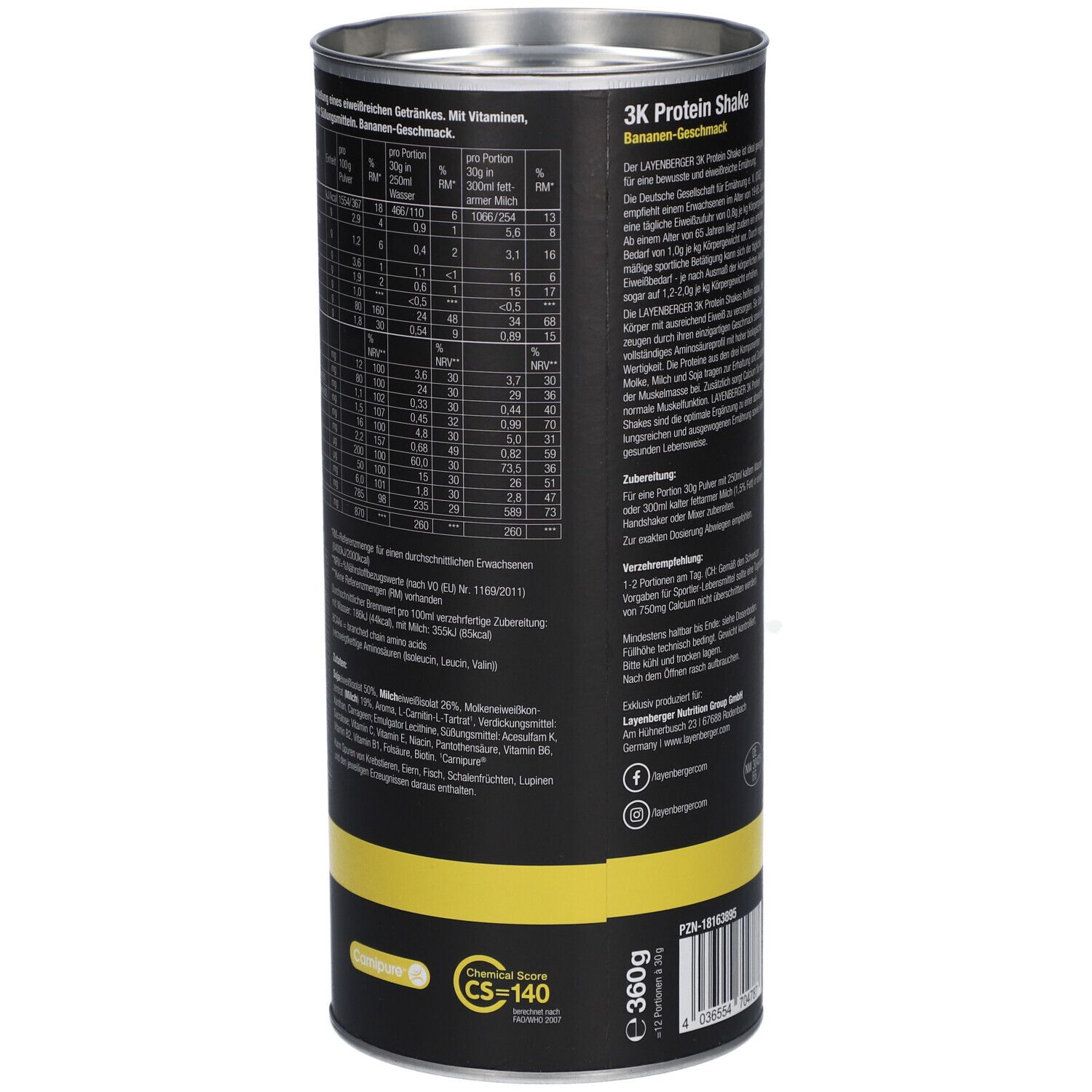 Boîte cylindrique avec texte et informations nutritionnelles. Inscriptions : 3K Protein Shake, Banane, tableau nutritionnel, ingrédients, informations fabricant.