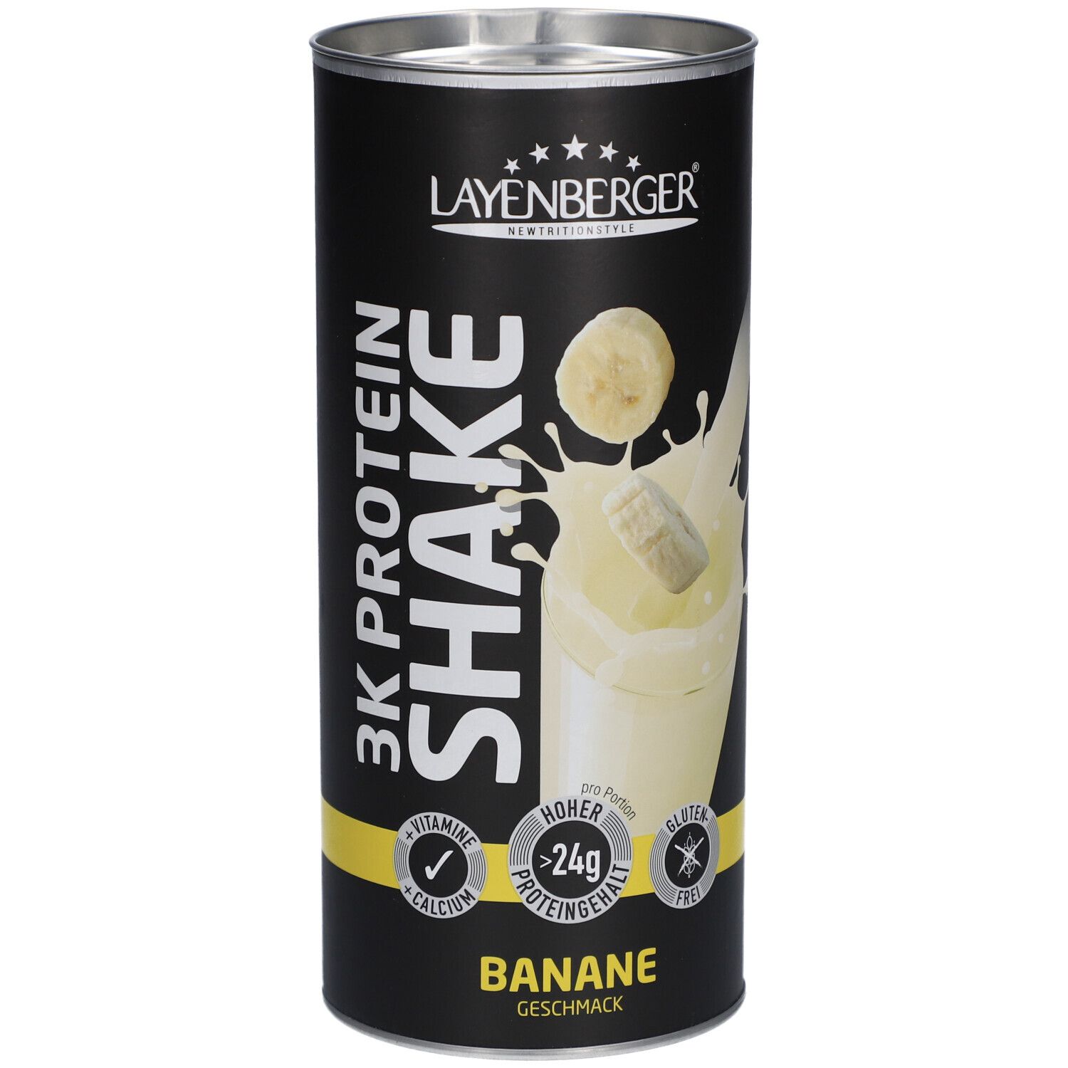 Boîte cylindrique de Layenberger 3K Protein Shake Banane. Inscriptions : 3K Protein Shake, Banane, haute teneur en protéines, sans gluten.