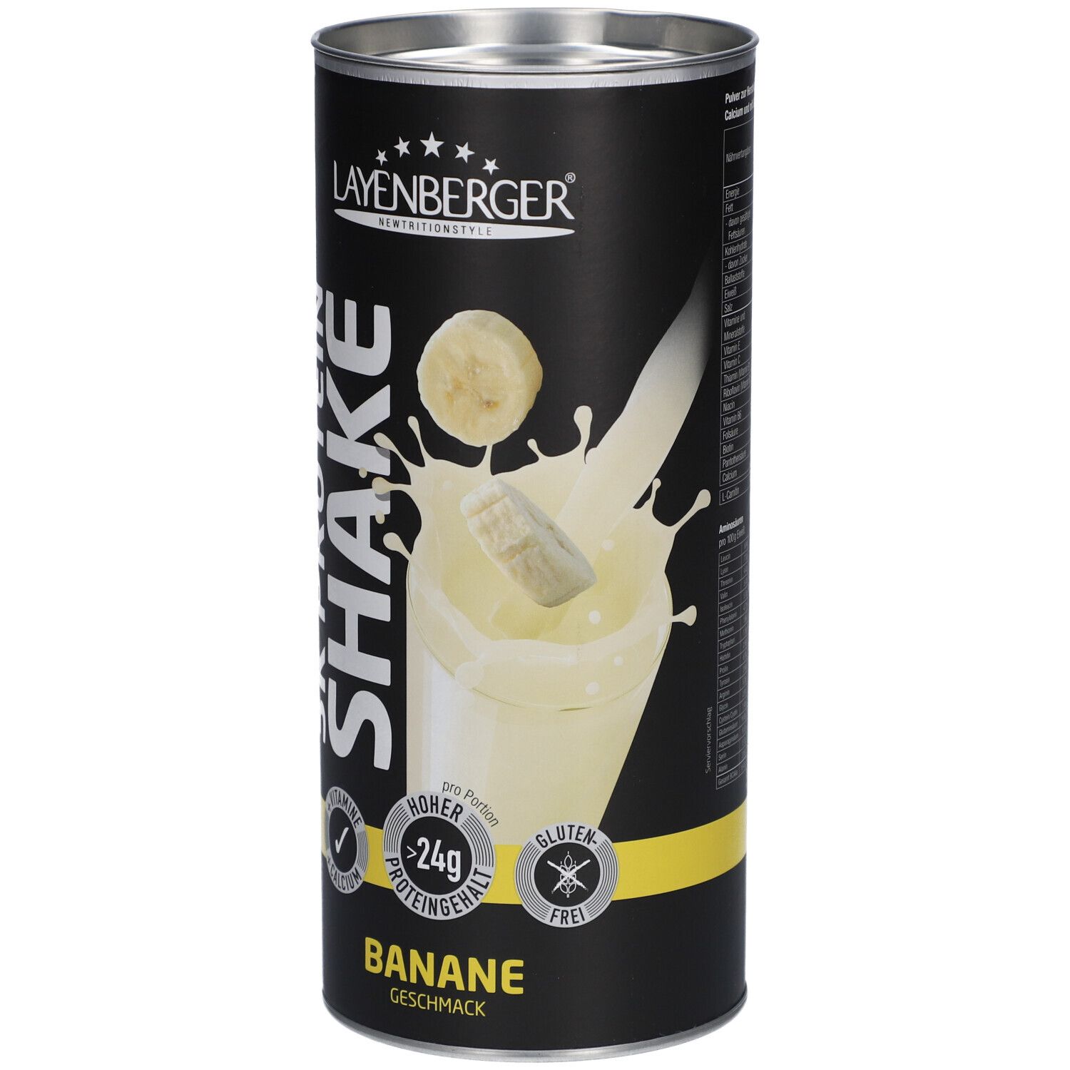 Boîte cylindrique de Layenberger 3K Protein Shake Banane. Inscriptions : 3K Protein Shake, Banane, haute teneur en protéines, sans gluten.