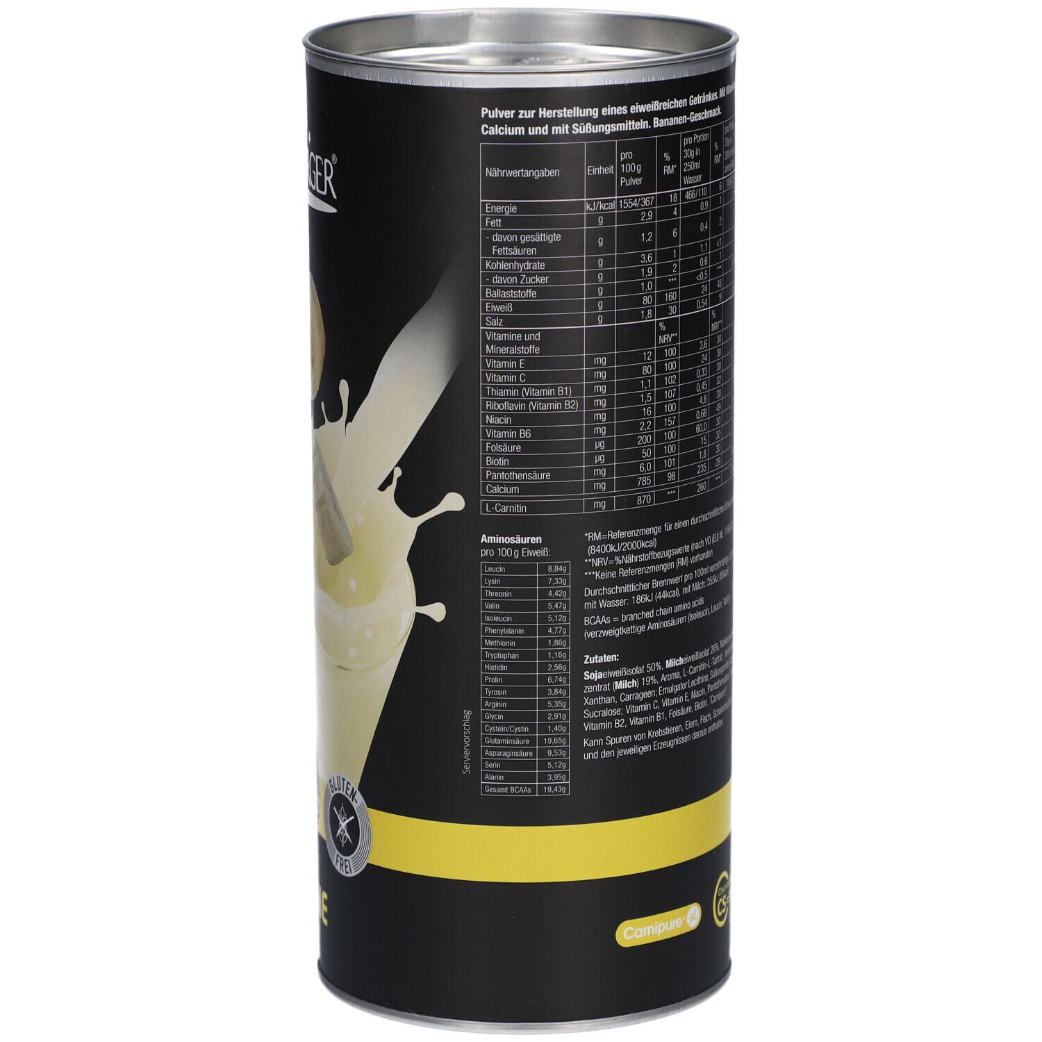 Boîte cylindrique avec texte et informations nutritionnelles. Inscriptions : 3K Protein Shake, Banane, tableau nutritionnel, ingrédients, informations fabricant.