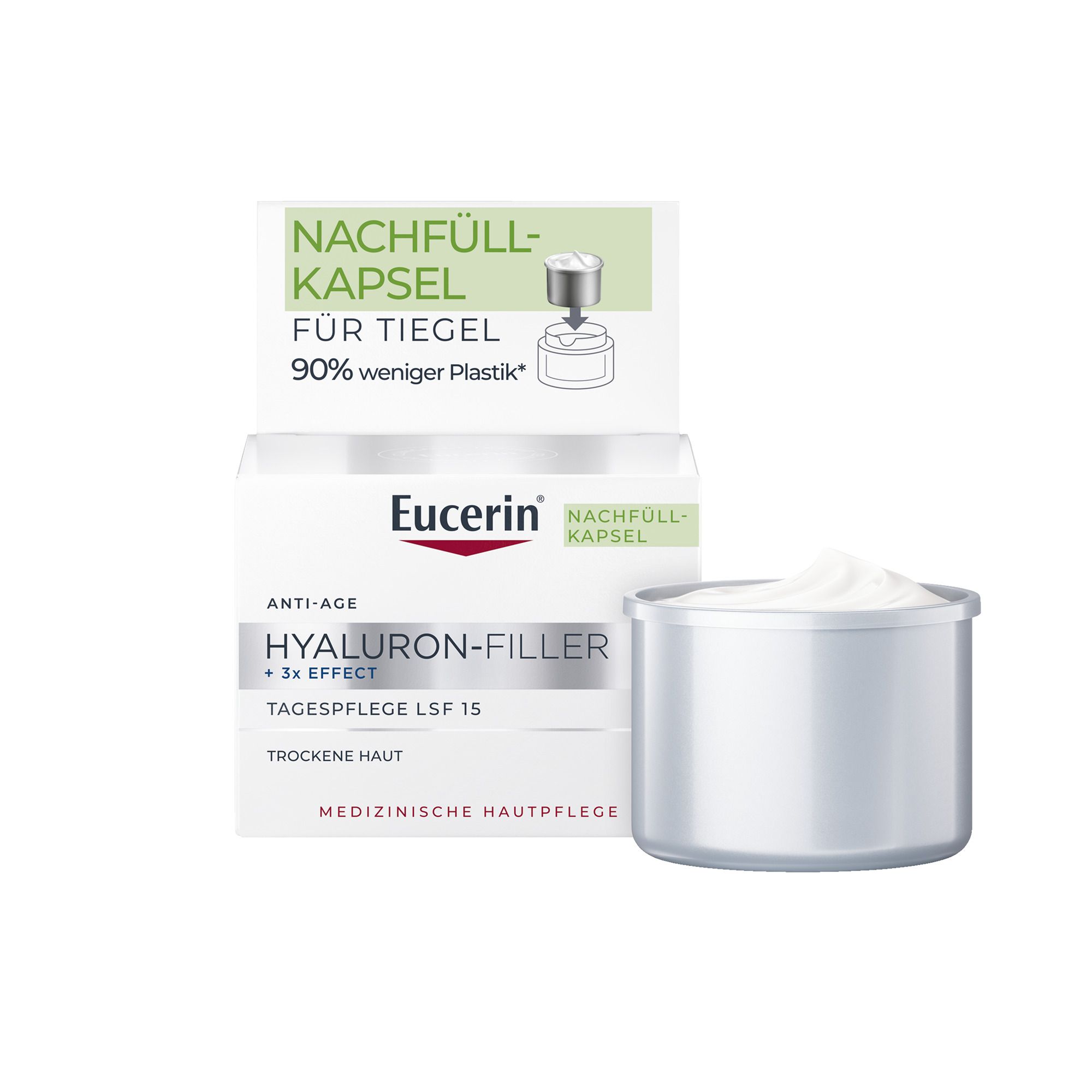 Eucerin Hyaluron-Filler Tagespflege Nachfüllkapsel für trockene Haut, 90% weniger Plastik.