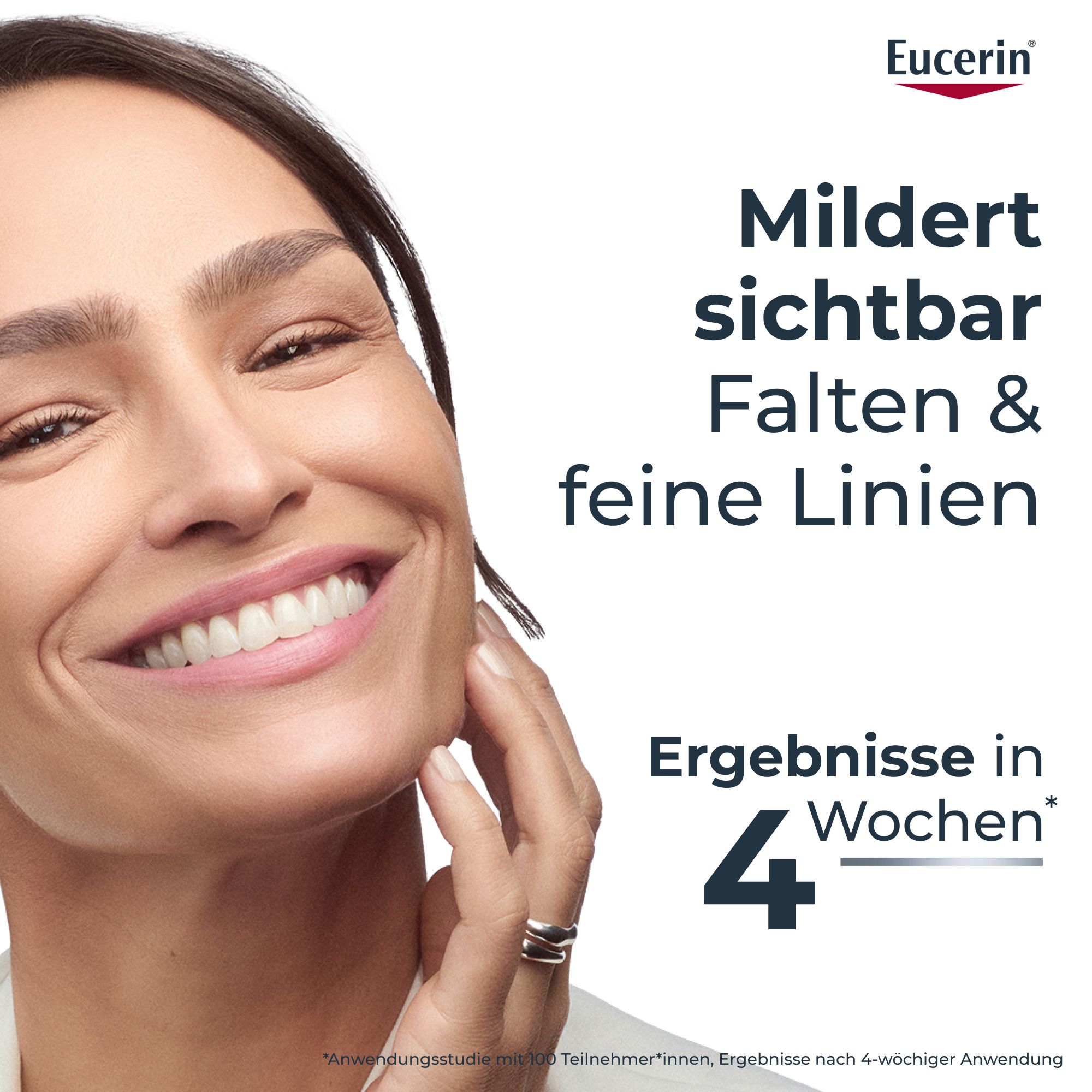 Frau lächelt, Eucerin mildert Falten und feine Linien sichtbar. Ergebnisse in 4 Wochen.