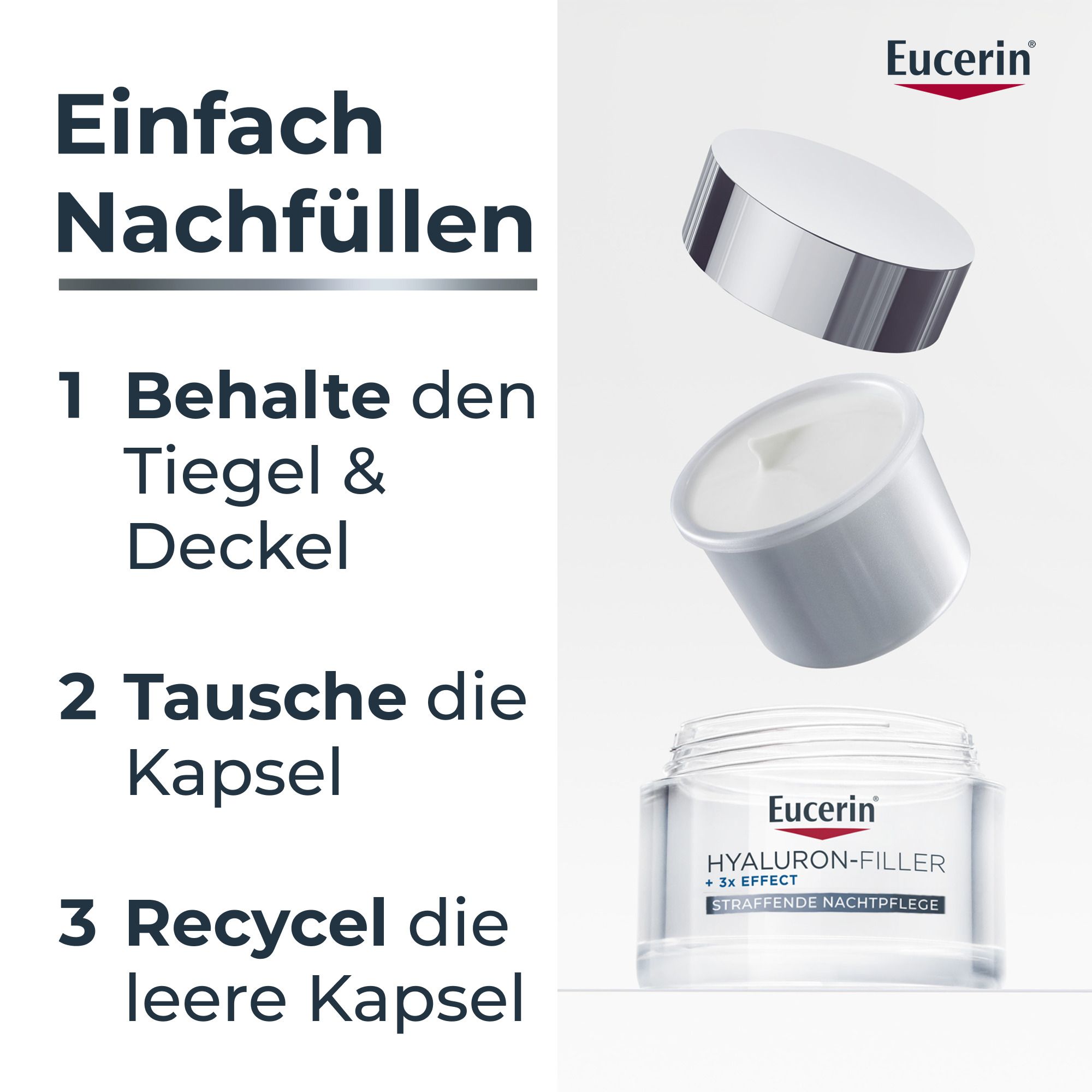 Einfach Nachfüllen: Tiegel & Deckel behalten, Kapsel tauschen, leere Kapsel recyceln.