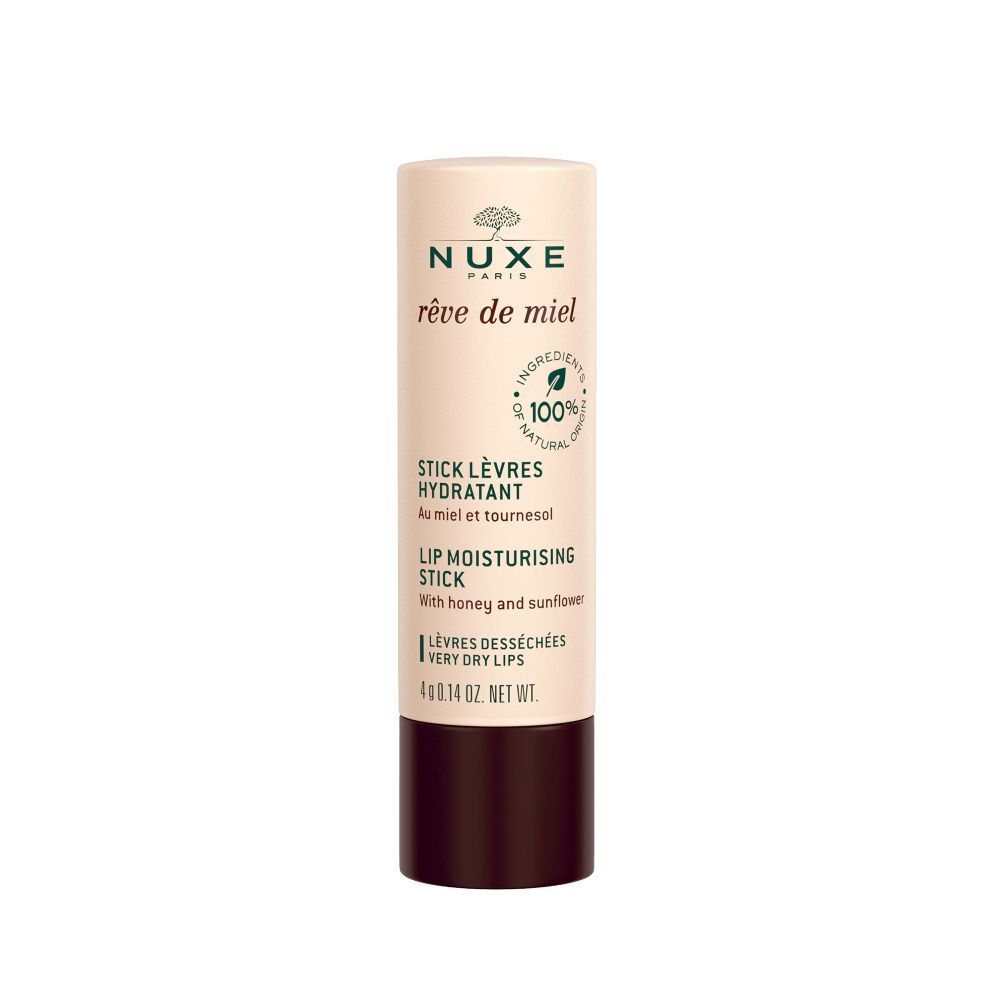Stick lèvres hydratant NUXE Rêve de Miel®. Beige et marron. Ingrédients 100% naturels. Texte visible.