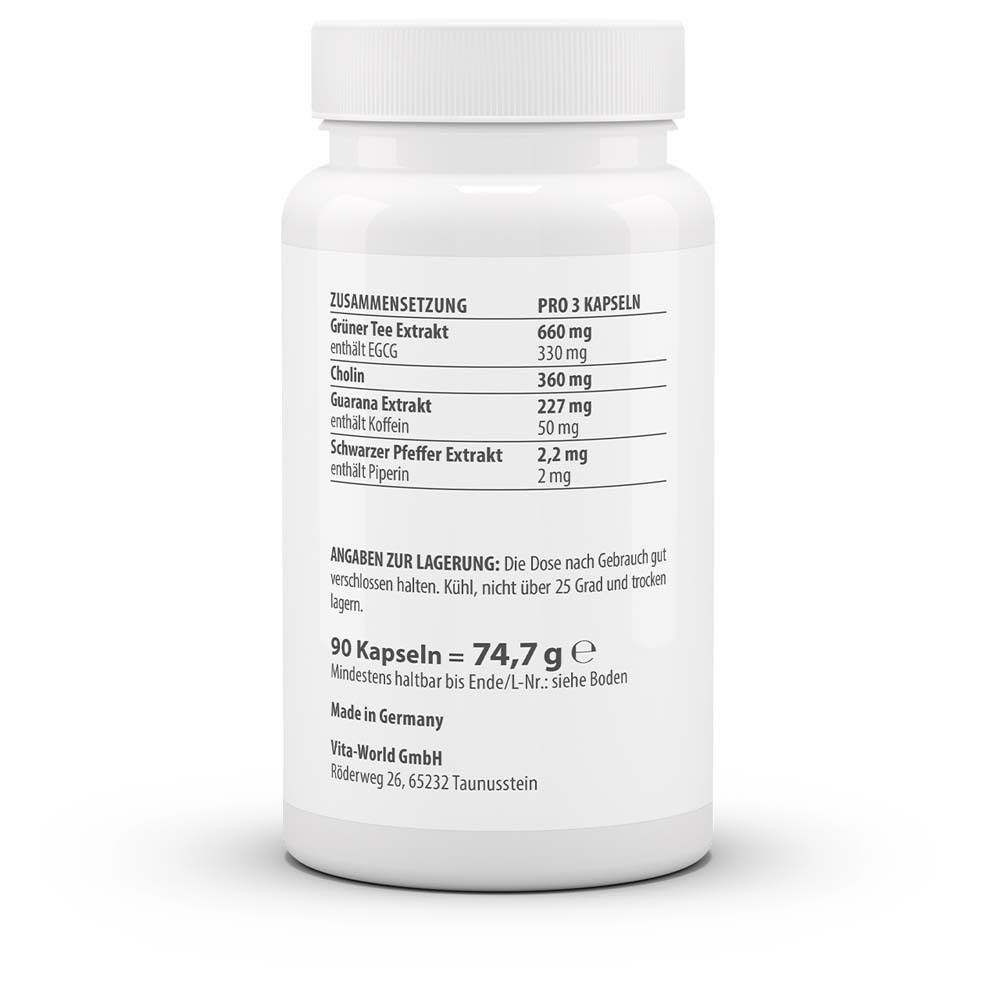 Dos du flacon blanc. Liste des ingrédients et consignes de stockage. 90 gélules, 74,7 g.
