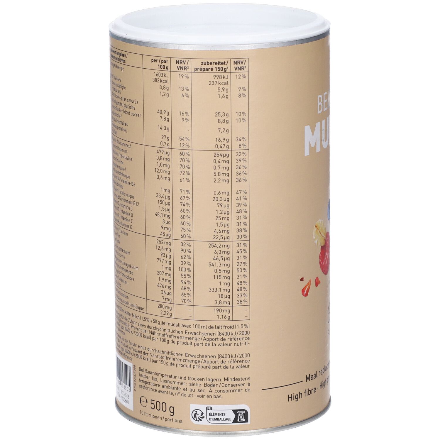 Arrière de la boîte avec informations nutritionnelles et liste des ingrédients pour BEAVITA Vitalkost Diät-Müsli, Baie.