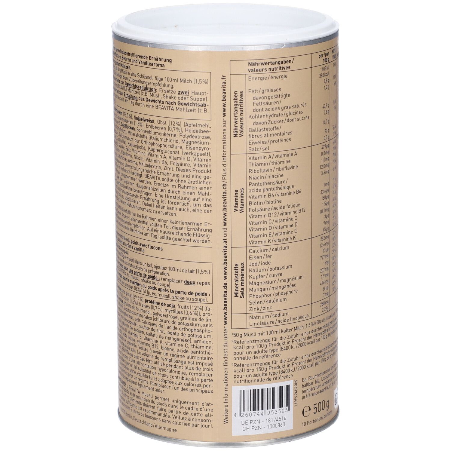 Vue latérale de la boîte avec des informations détaillées et nutritionnelles pour BEAVITA Vitalkost Diät-Müsli, Baie.