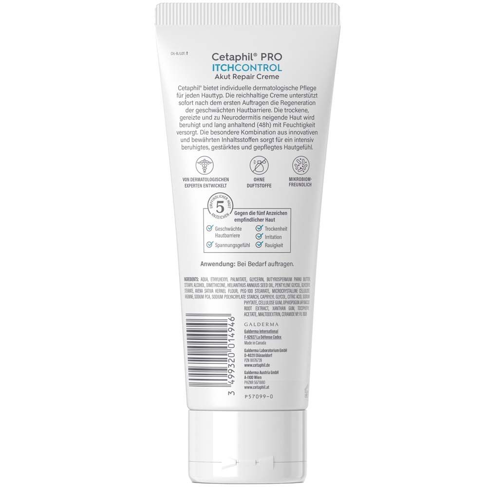 Rückseite der Cetaphil Pro ItchControl Akut Repair Creme Tube. Text und Inhaltsstoffe.