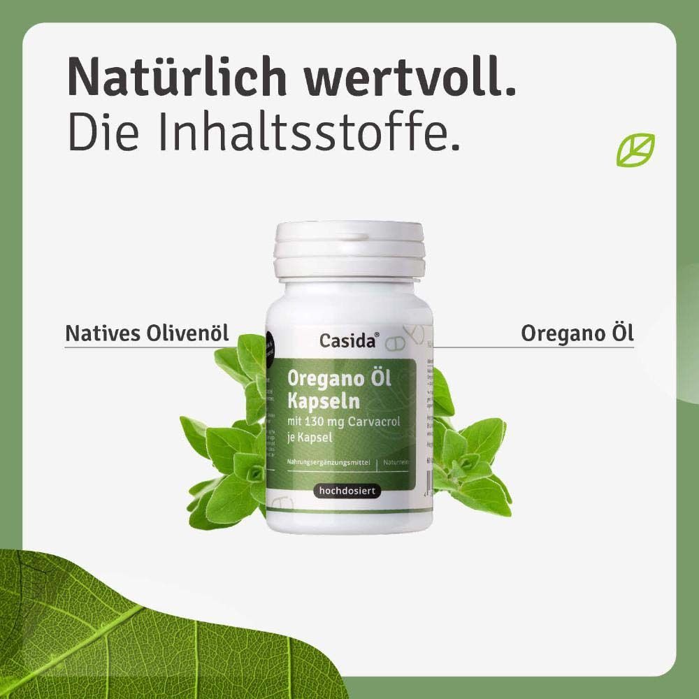 Flasche mit Oregano Öl Kapseln, umgeben von Oregano-Blättern. Text: Natürliche Inhaltsstoffe. Marke: Casida®.