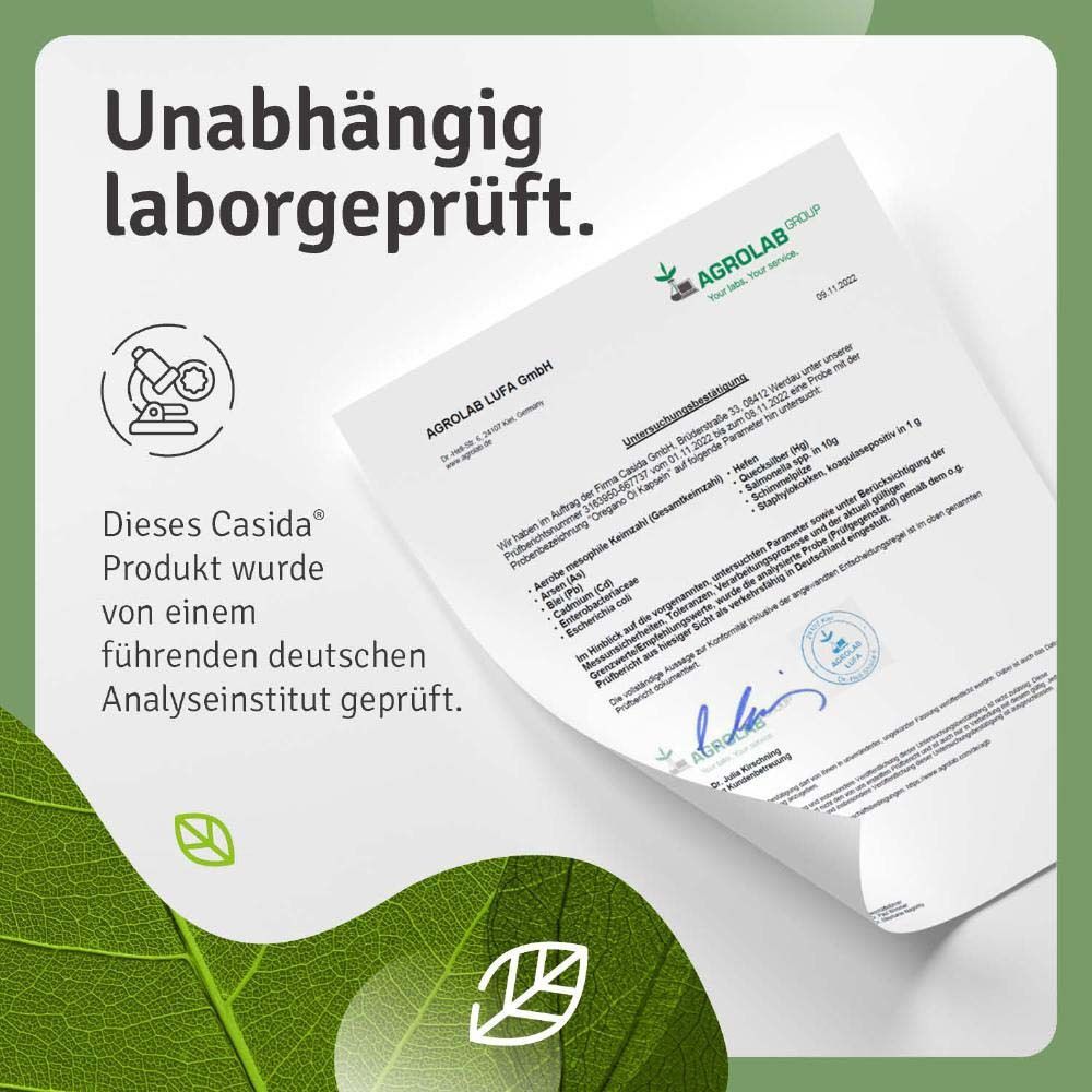 Zertifikat von AGROLAB LUFA GmbH. Text: Unabhängig laborgeprüft. Casida® Produkt geprüft.