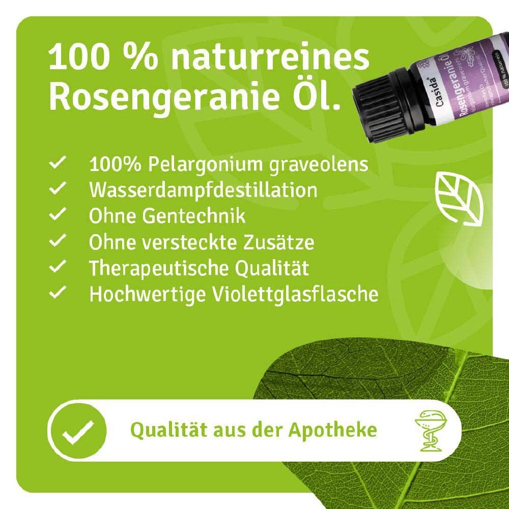Produktabbildung mit Qualitätsmerkmalen. Casida® Rosengeranie Öl. Text: 100% naturrein, therapeutische Qualität, Apothekenqualität.