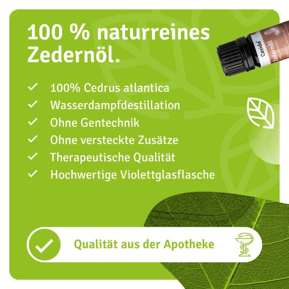 Flacon de produit à côté du texte. Texte : 100 % huile de cèdre naturelle. 100% Cedrus atlantica, distillation à la vapeur, sans OGM.