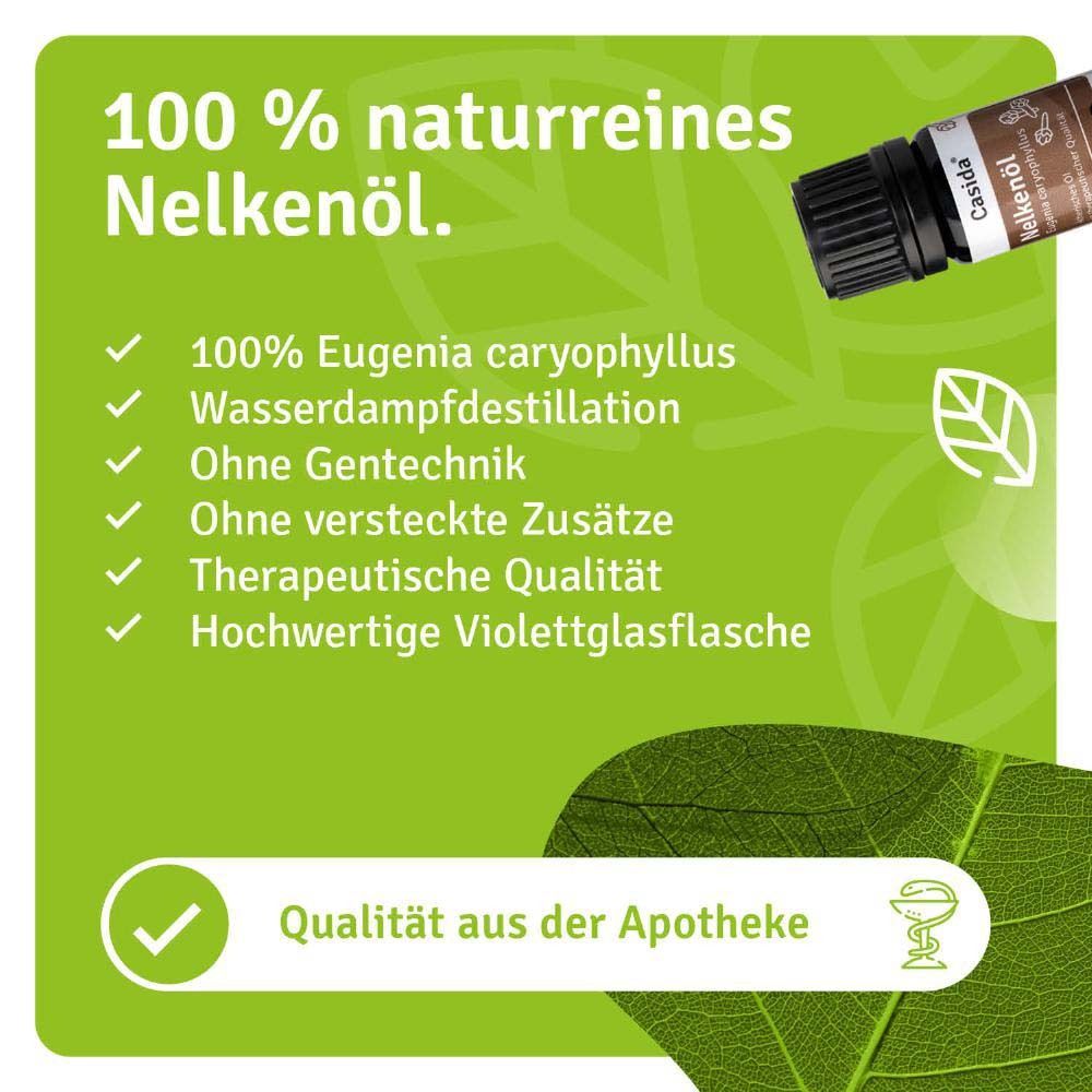 Flacon à côté du texte. Texte : "100 % naturreines Nelkenöl". Énumération des caractéristiques et de la qualité.