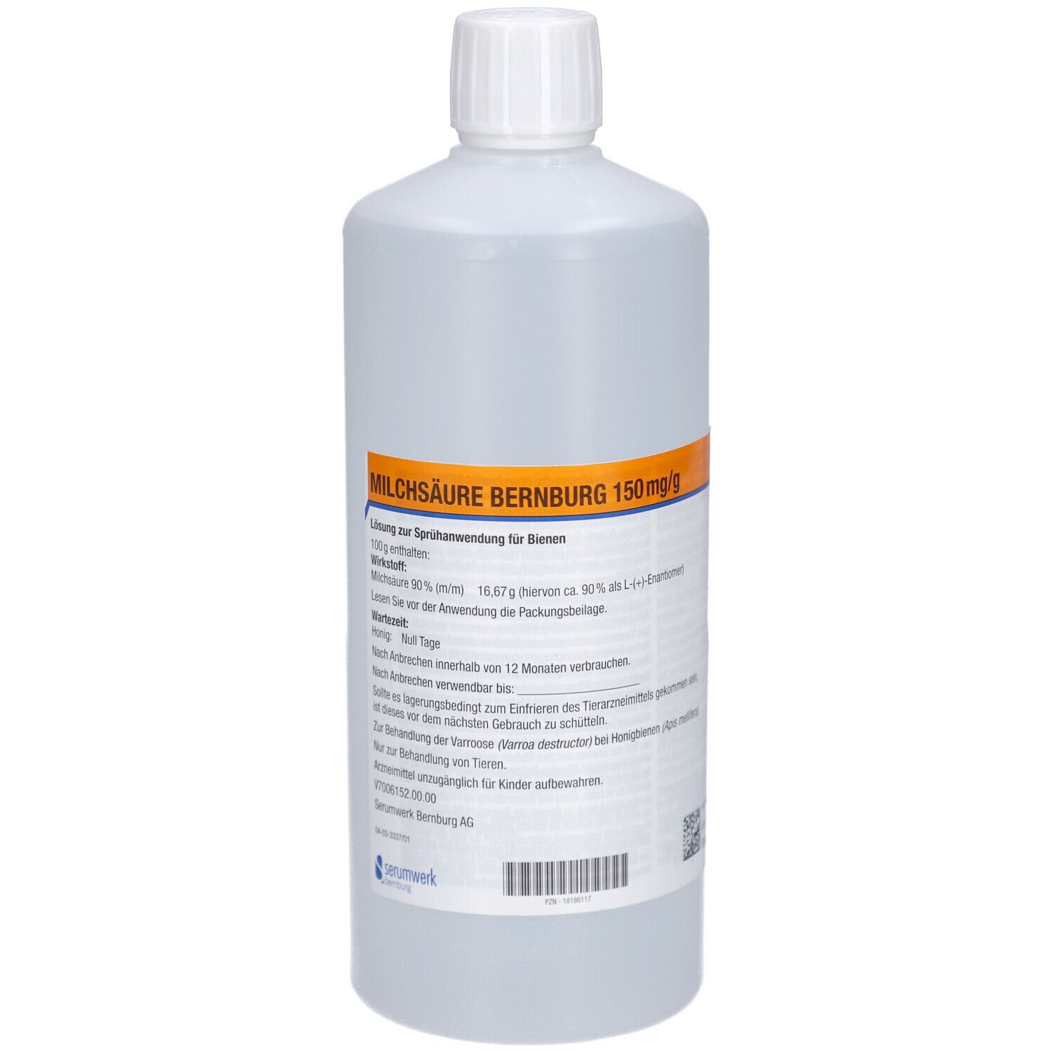 Flasche mit weißem Deckel. Beschriftung: MILCHSÄURE Bernburg 150 mg/g. Etikett mit Produktinformationen.