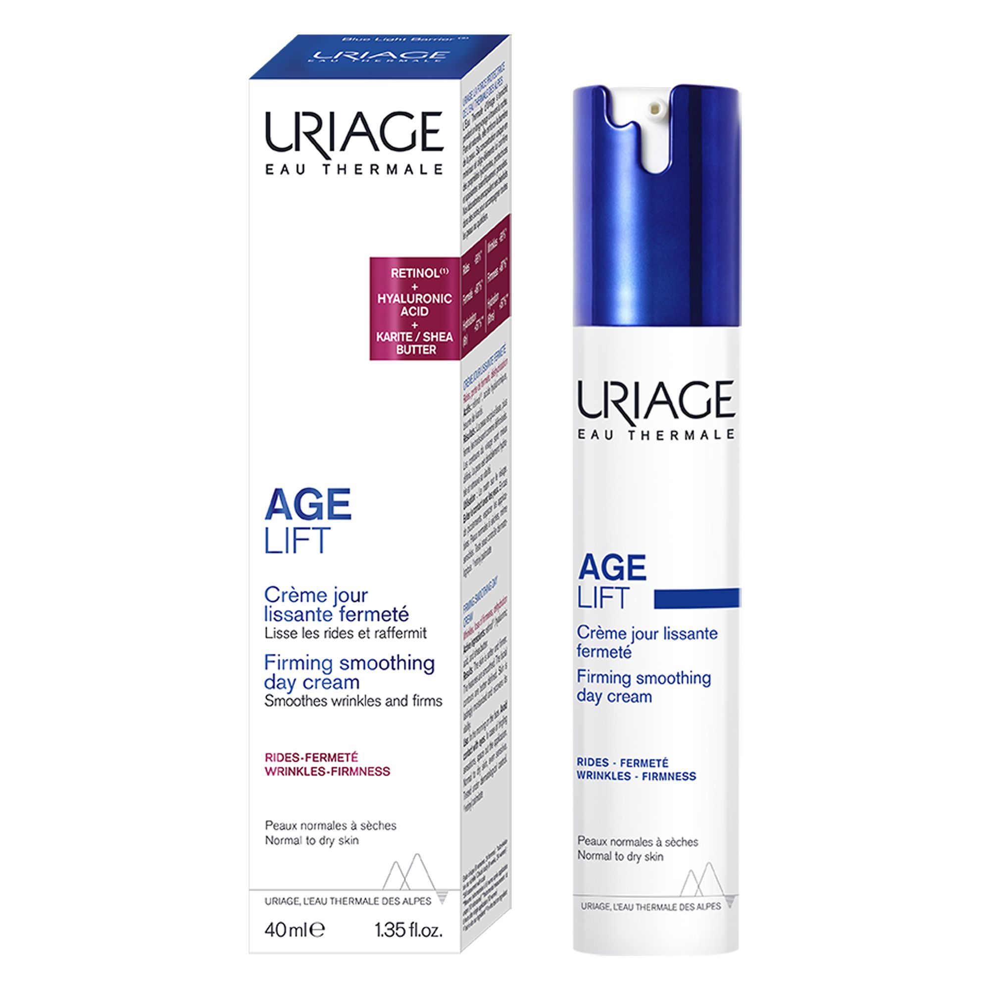Uriage Age Lift Tagescreme und Verpackung. Weiße Tube mit blauem Deckel. Text: Firming smoothing day cream. 40ml. Mit Verpackung.