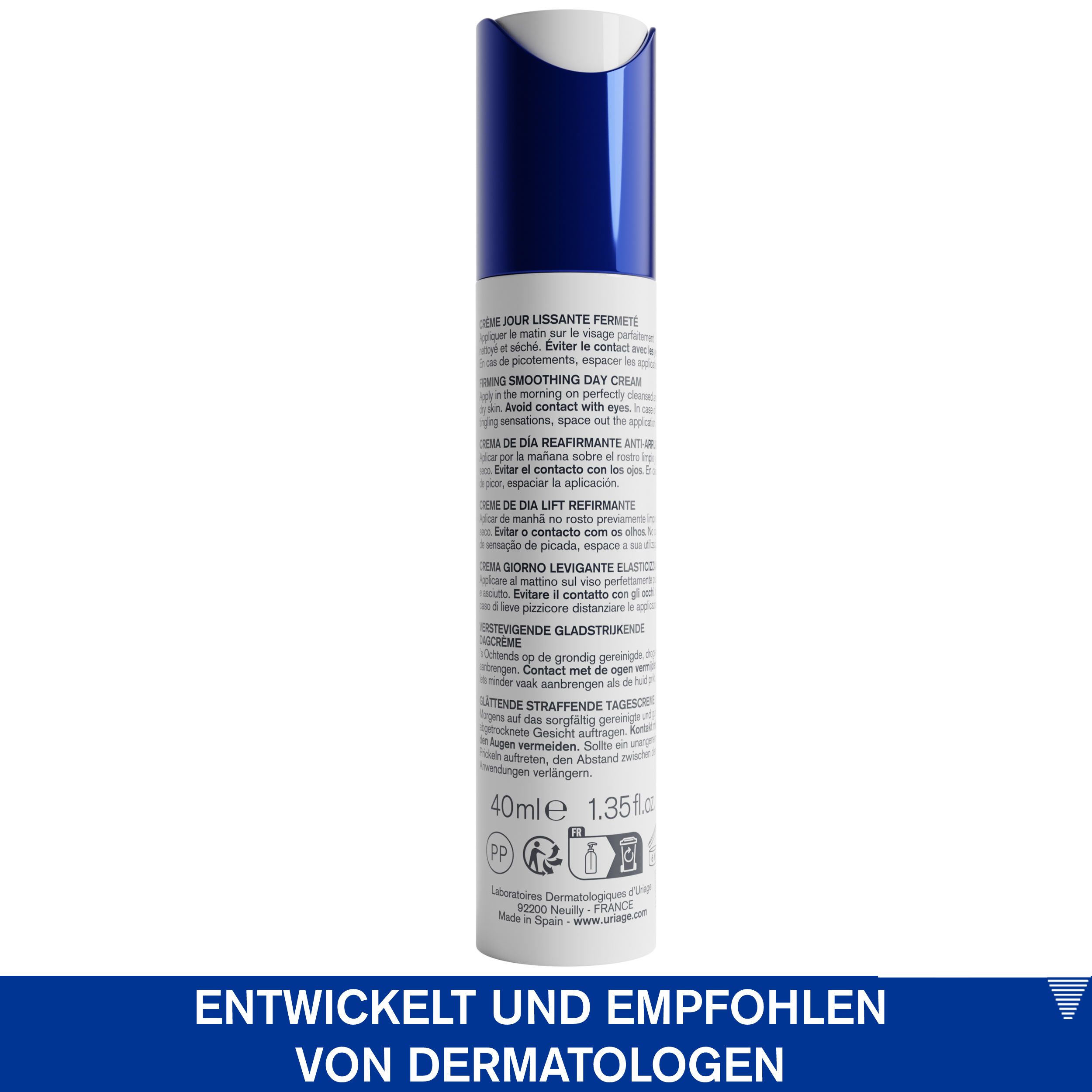 Rückseite der Uriage Age Lift Tagescreme. Text: Entwickelt und empfohlen von Dermatologen. 40ml. Produktinformationen.