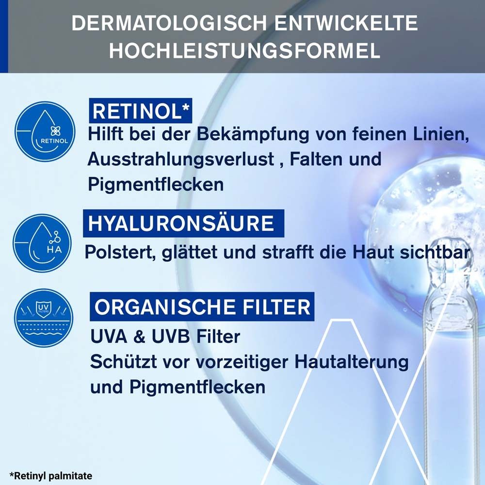 Dermatologisch entwickelte Hochleistungsformel. Retinol, Hyaluronsäure, organische Filter.