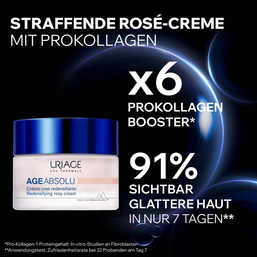 Produktabbildung mit Text. Straffende Rosé-Creme mit Pro-Kollagen. x6 Pro-Kollagen Booster. 91% sichtbar glattere Haut.