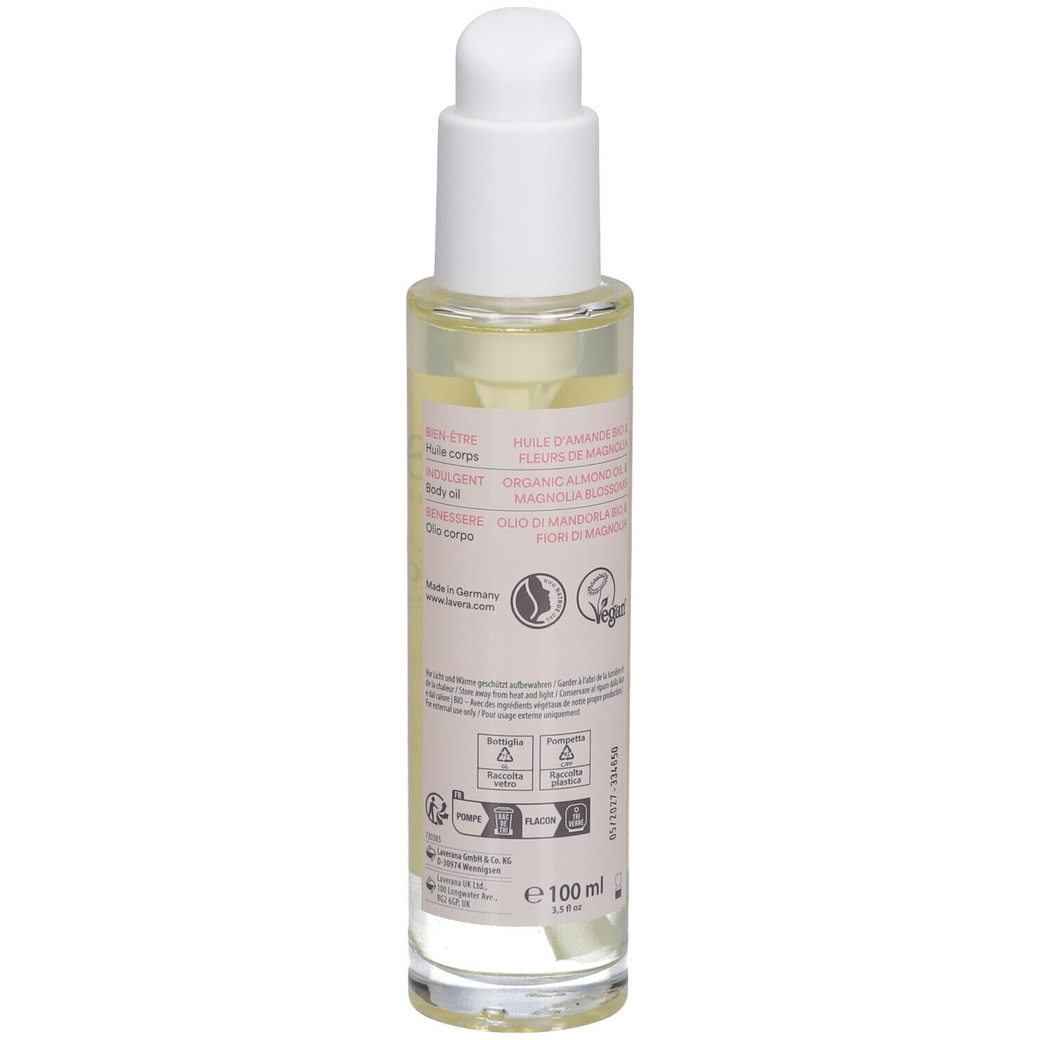 Rückseite der Körperöl-Flasche. Etikett mit Produktinformationen, Inhaltsstoffen und Zertifizierungen.