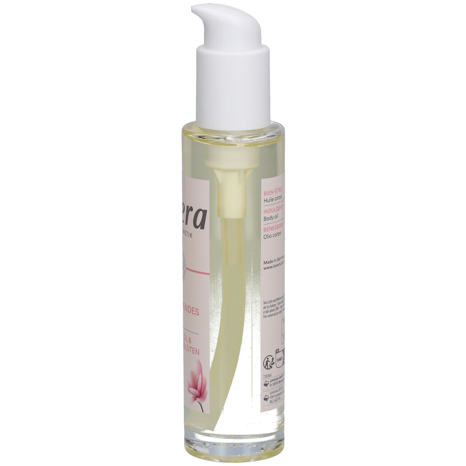Körperöl-Flasche mit weißem Pumpkopf. Etikett mit Produktinformationen und Vegan-Siegel.
