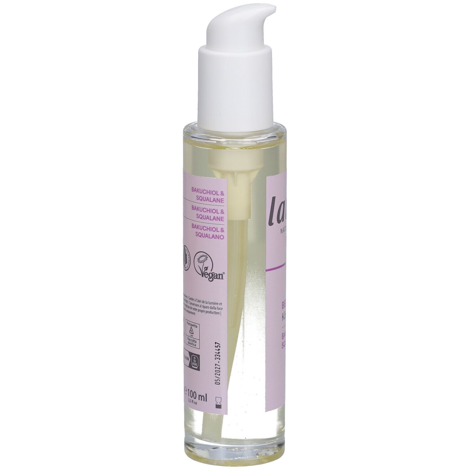 Körperölflasche mit weißem Pumpkopf. Etikett mit Produktinformationen und Vegan-Siegel. BIO-Siegel.