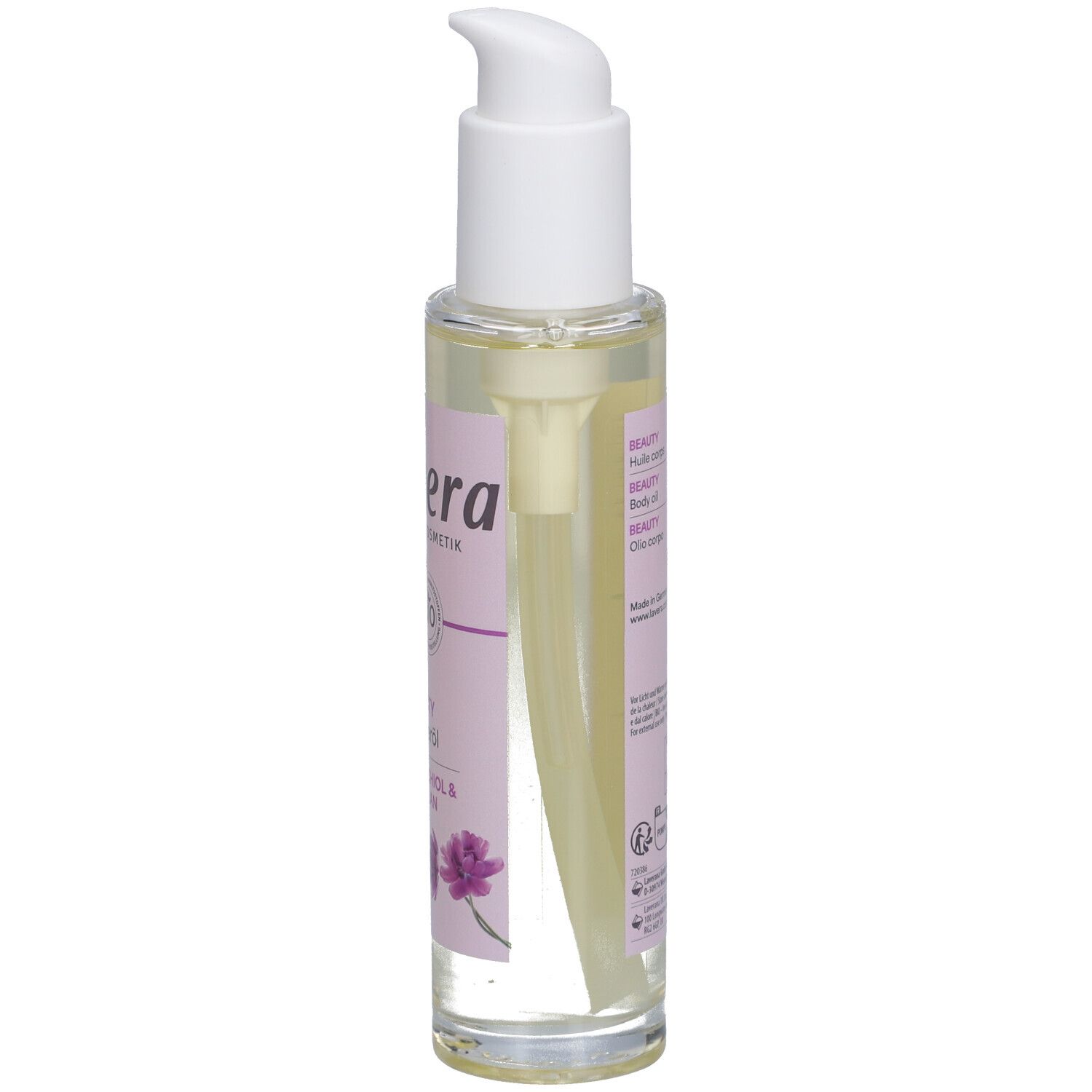 Körperölflasche mit weißem Pumpkopf. Etikett mit Produktinformationen. BIO-Siegel. Schräge Ansicht.