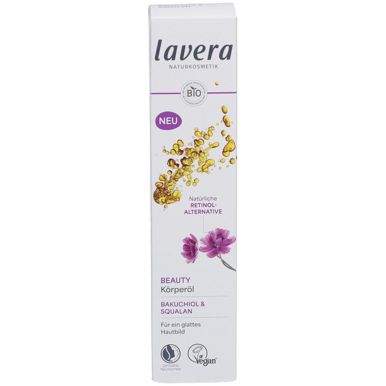 Verpackung für Körperöl. Logo, Produktname und Inhaltsstoffe. BIO-Siegel. Aufdruck: Natürliche Retinol-Alternative.