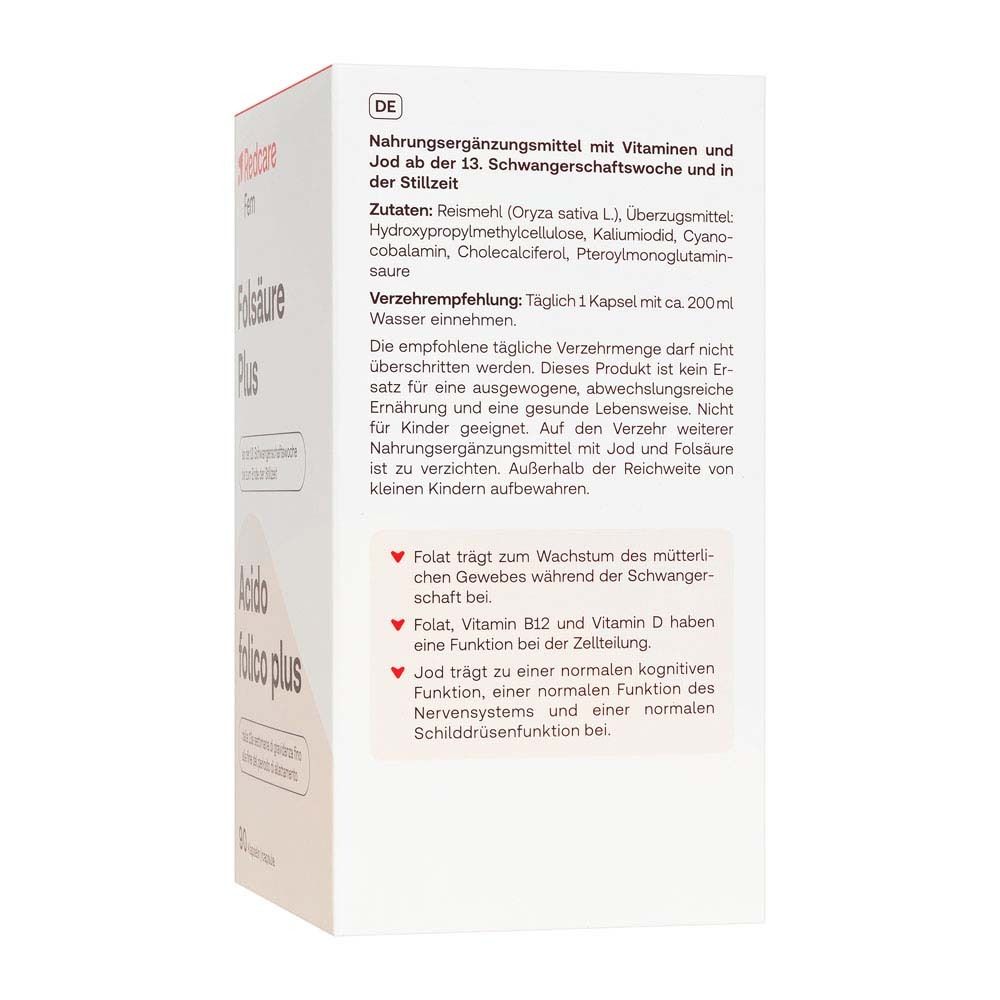 Rückseite der Redcare Fem Folsäure Plus Packung. Text: Nahrungsergänzungsmittel mit Vitaminen und Jod.