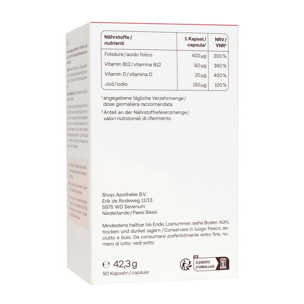 Rückseite der Redcare Fem Folsäure Plus Packung. Nährwerttabelle mit Vitaminen und Jod. 90 Kapseln.