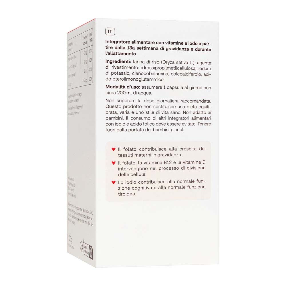 Rückseite der Redcare Fem Folsäure Plus Packung. Text: Integratore alimentare con vitamine e iodio.