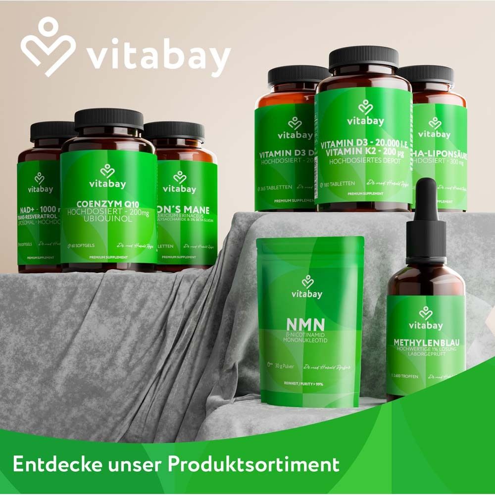 Verschiedene vitabay® Produkte: Vitamin D3, Vitamin K2, Coenzym Q10, NMN, Methylenblau, uvm.