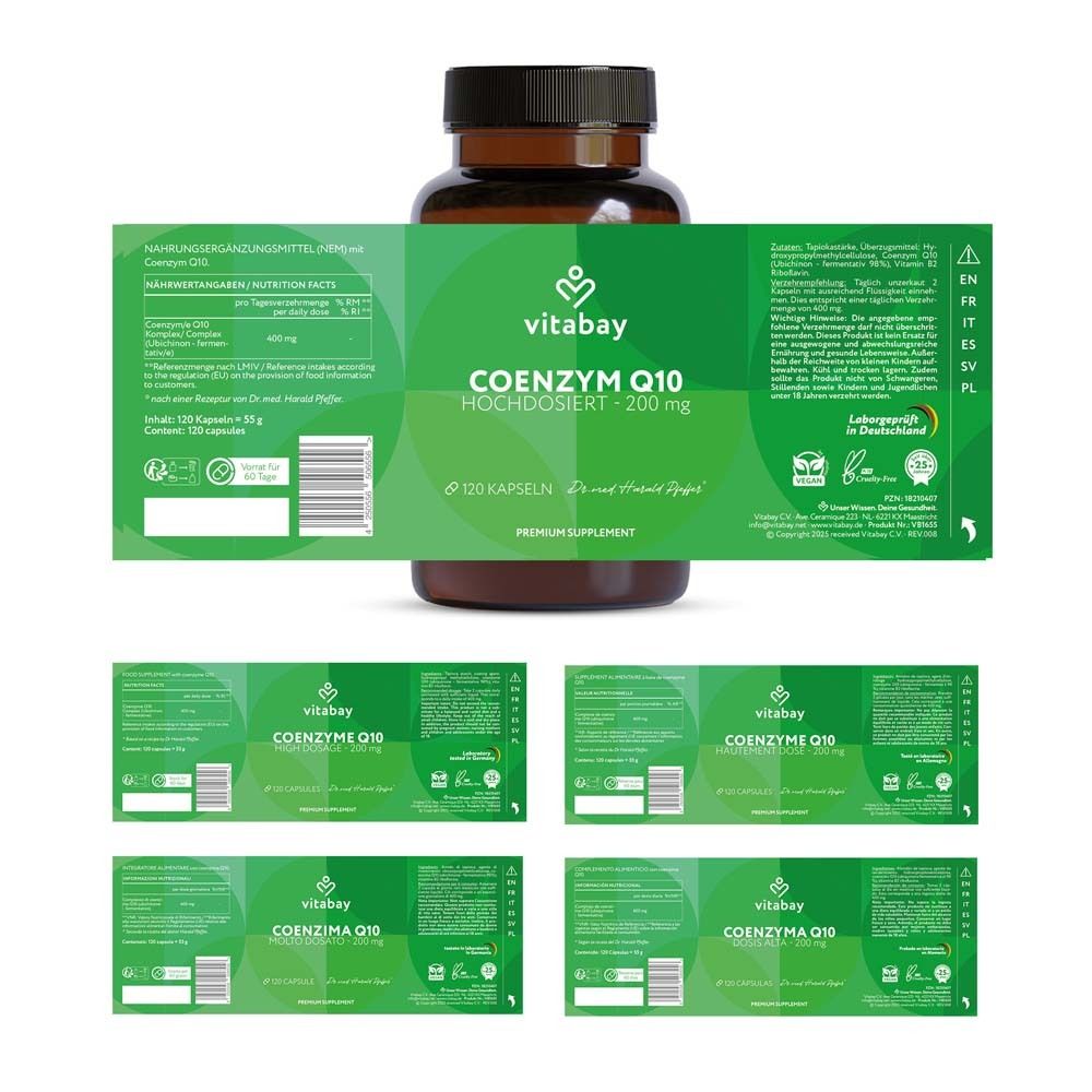 Flacon de produit avec étiquette. L'étiquette affiche des informations sur les ingrédients, le dosage et le fabricant.