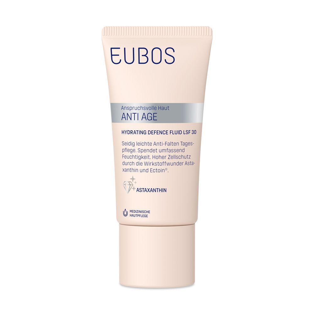 Tube EUBOS® ANTI-AGE Hydrating Defence Fluid LSF 30. Tube beige avec texte bleu. Nom et détails du produit visibles.