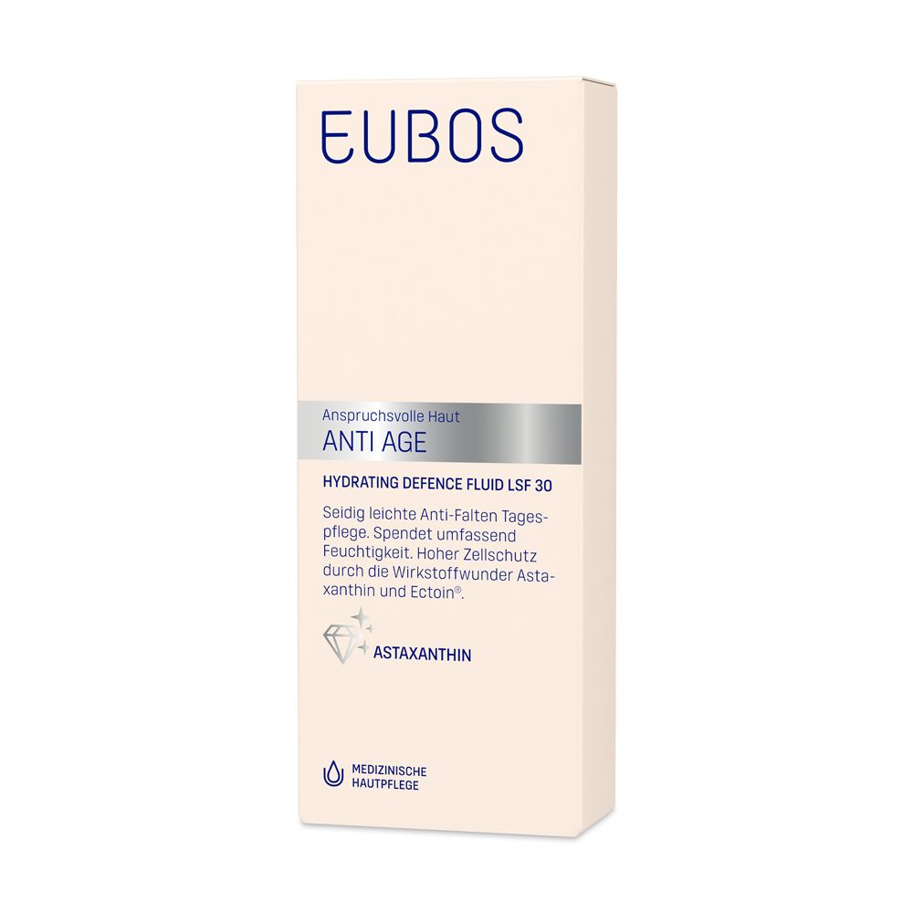 Emballage EUBOS® ANTI-AGE Hydrating Defence Fluid LSF 30. Emballage rectangulaire avec texte bleu. Nom et détails du produit.