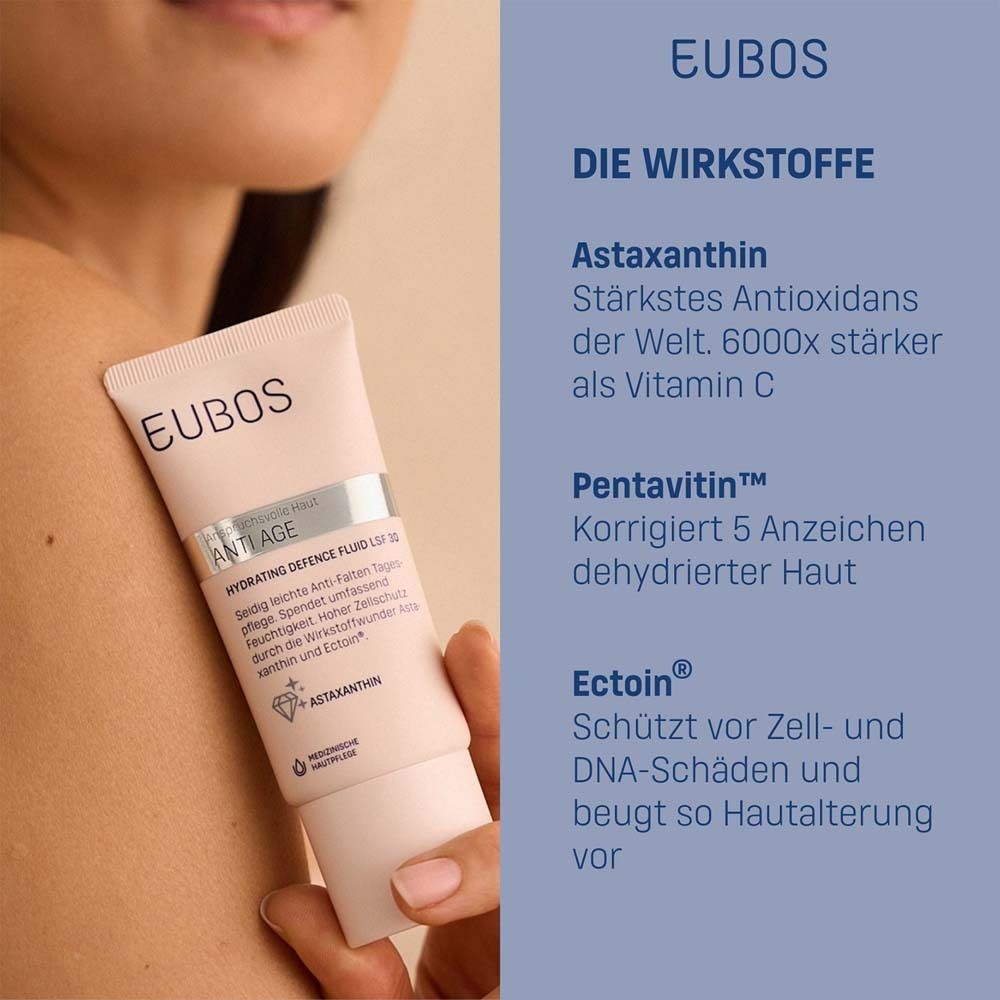 Tube EUBOS® ANTI AGE dans la main. Texte: Astaxanthine, Pentavitin, Ectoïne. Ingrédients actifs.