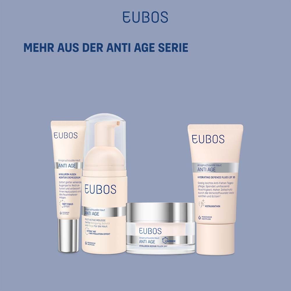 Série EUBOS® ANTI AGE. Quatre produits sur fond bleu. Texte: Hyaluron, Multi Active, Hydrating Defence.