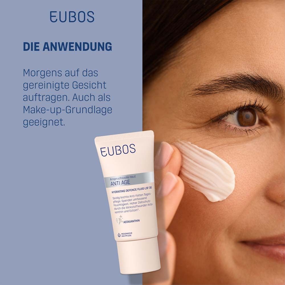 EUBOS® ANTI AGE Fluide. Application sur le visage. Texte: Appliquer le matin. Base de maquillage.