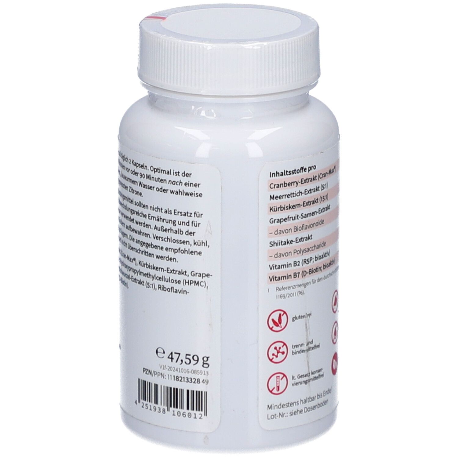 Dos du flacon blanc. Texte sur la prise et le stockage. Inscription: NatuGena BlaseAktiv. Poids: 47,59 g. PZN/PPA: 118213328 49.