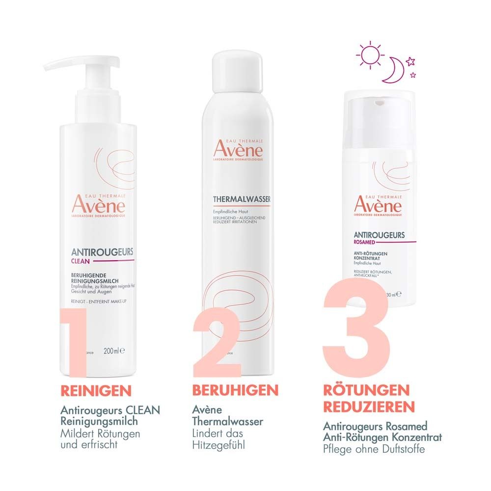 Drei Avene Produkte. Reinigen, Beruhigen, Rötungen reduzieren. Produktnamen und Anwendung.