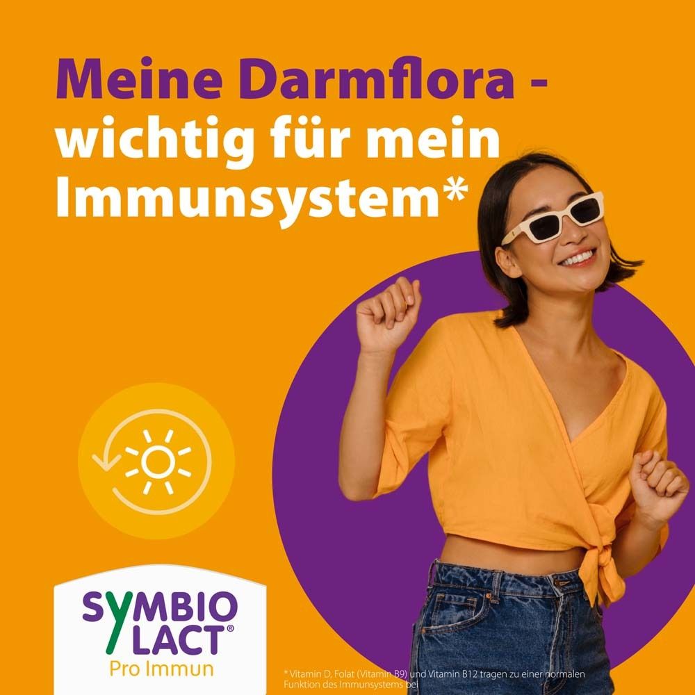Femme avec lunettes de soleil sur fond orange. Texte: Ma flore intestinale - importante pour mon système immunitaire. SymbioLact Pro Immun.