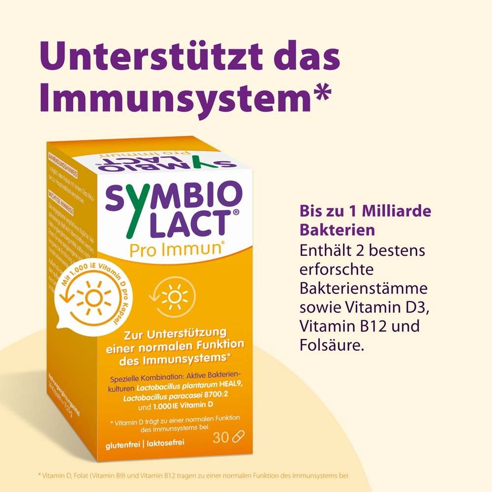 Boîte jaune SymbioLact Pro Immun. Texte: Soutient le système immunitaire. Jusqu'à 1 milliard de bactéries. Contient Vitamine D3, B12, acide folique.
