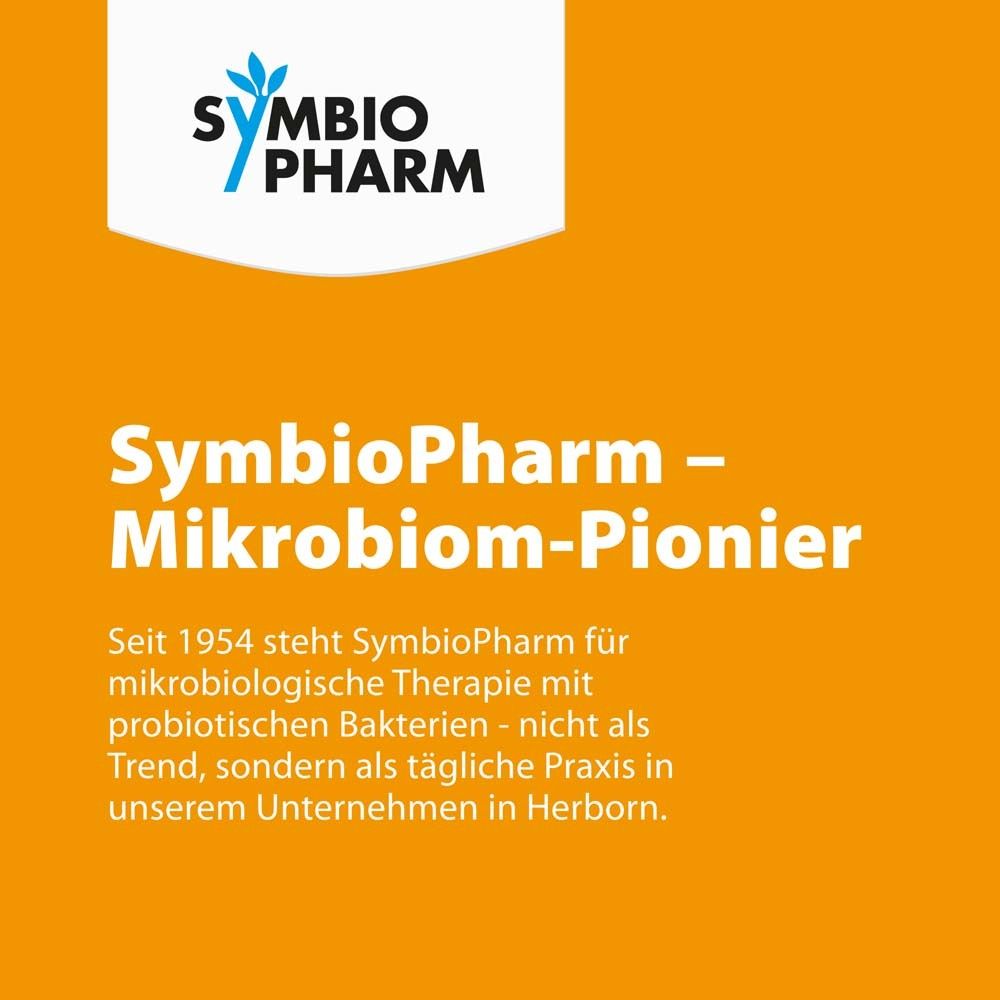 Fond orange. Texte: SymbioPharm - Pionnier du microbiome. Depuis 1954, SymbioPharm est synonyme de thérapie microbiologique avec des bactéries probiotiques.