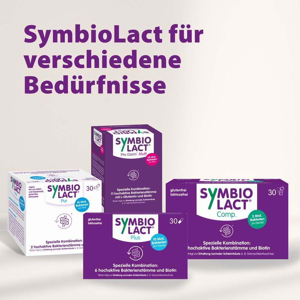 Différents produits SymbioLact. Texte: SymbioLact pour différents besoins. Pro Immun, Plus, Comp, Multi.