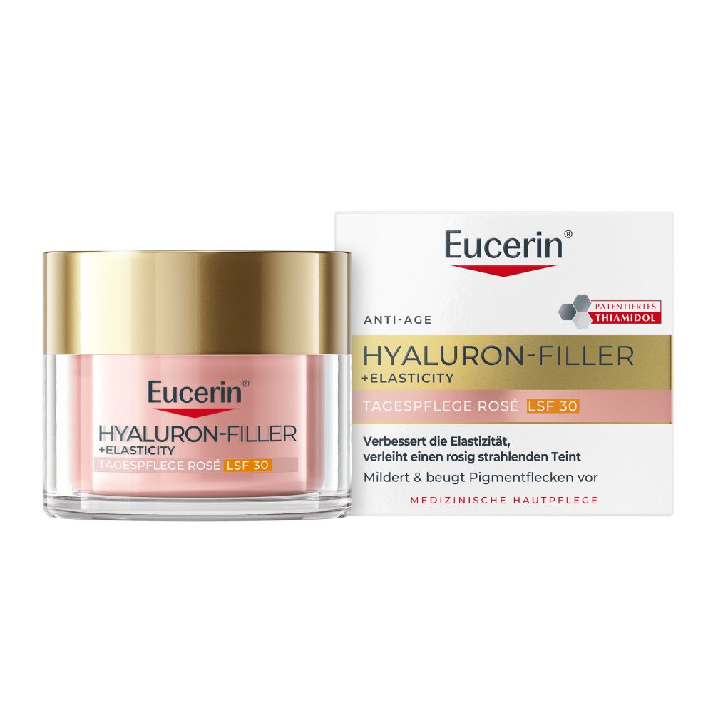 Crème de jour Eucerin Hyaluron-Filler + Elasticity Rosé SPF 30 et sa boîte.