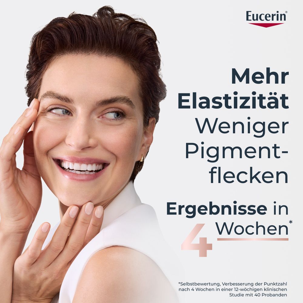 Femme avec crème de jour Eucerin Hyaluron-Filler + Elasticity Rosé. Propriétés: teint rosé, réduit rides et taches.